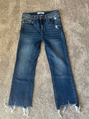 Zenana Outfitters Dark Blue Straight Leg Distressed Jeans